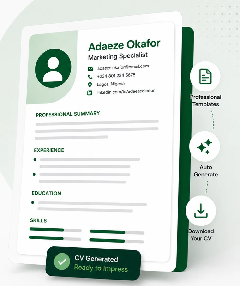 A generated CVRepo resume — profile photo, summary, experience, education and skills — marked CV Generated, alongside its professional templates, auto-generate and download options.